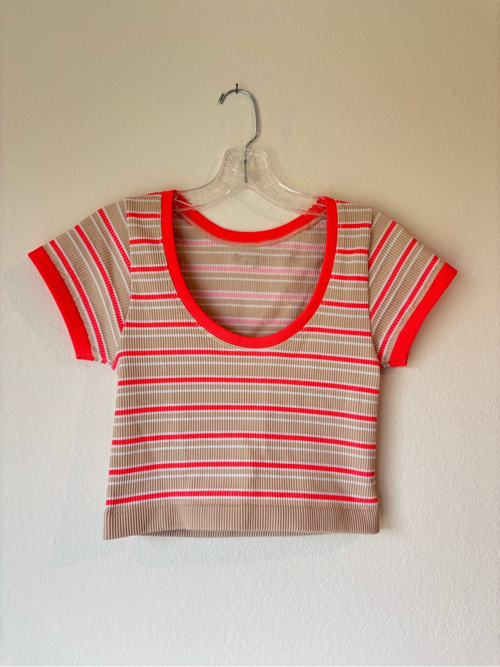 Striped Scoop Neck Crop Aerie Top in Beige and Coral